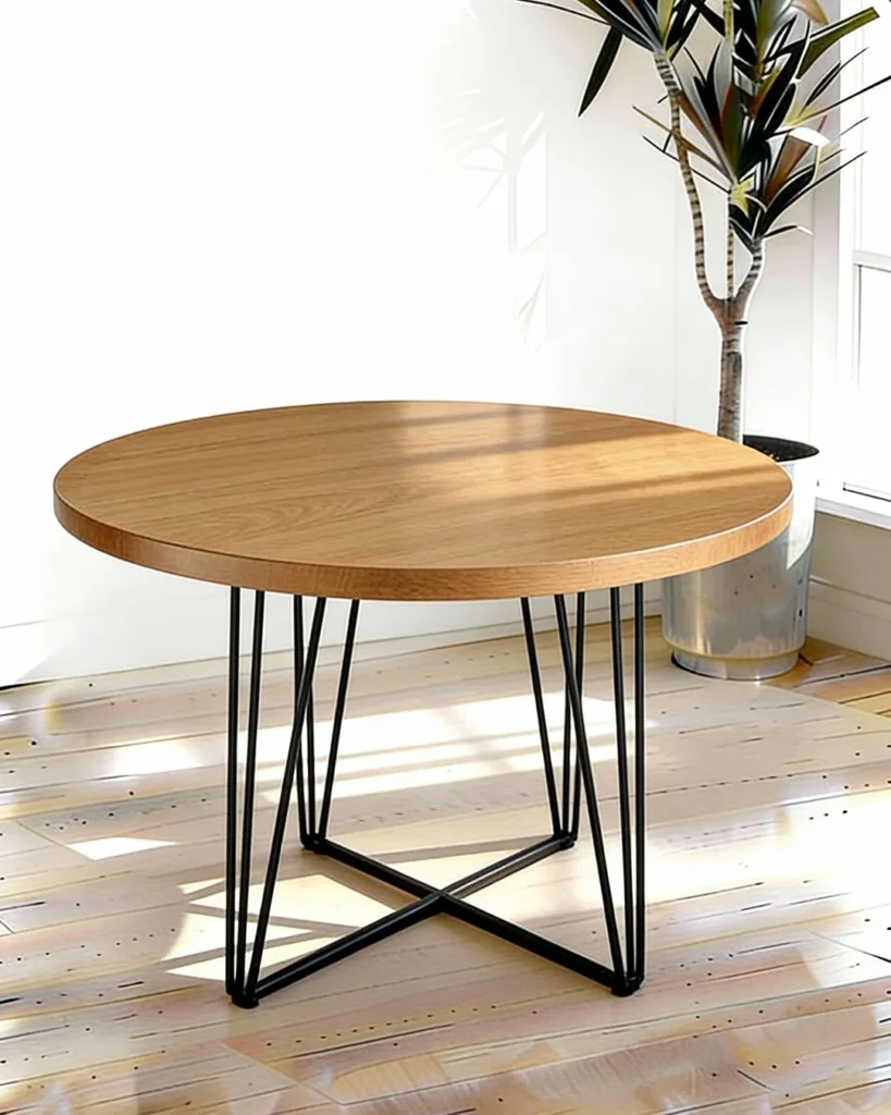 Refined solid wod tabletop paired with sculptural metal base