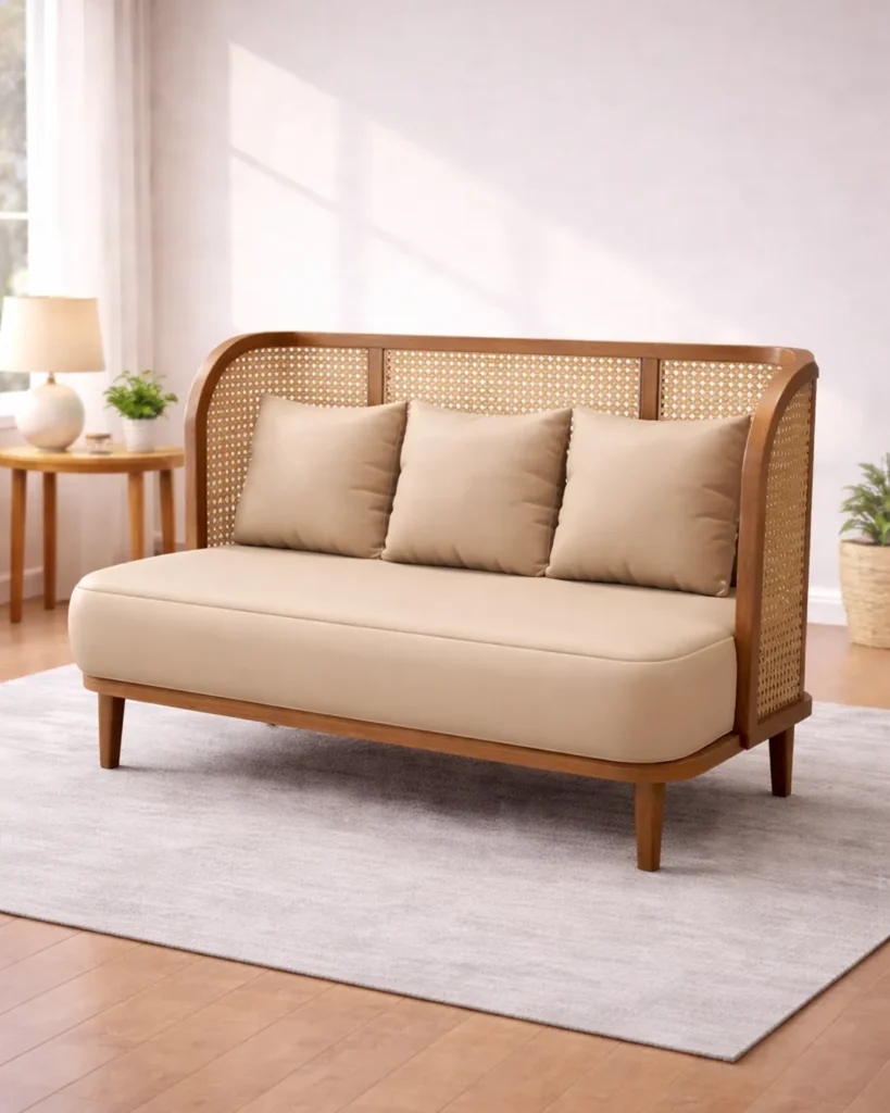 Cane-backed luxury sofa with warm contemporary charm