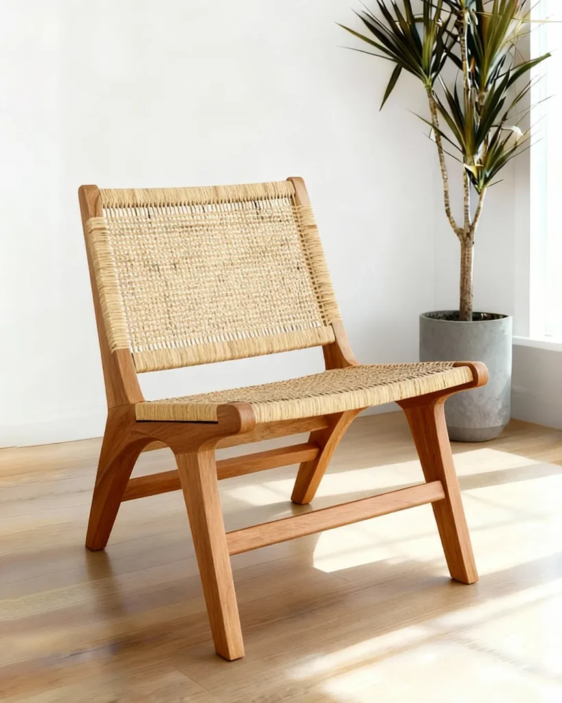 Solid wood lounge chair with woven rope