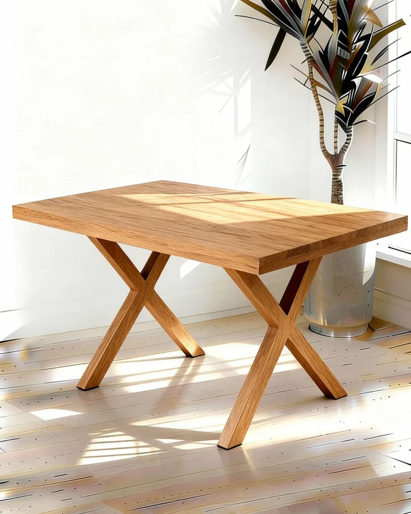 Minimal solid wood table with sculptural X-base