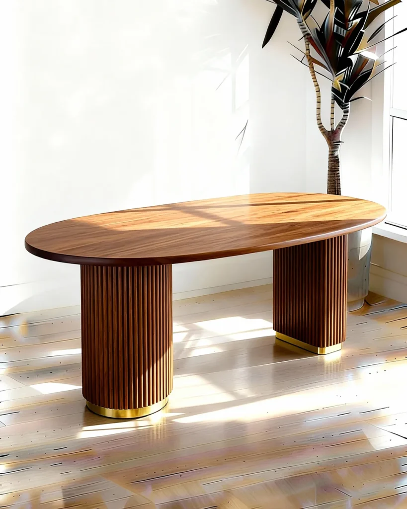 Elegant oval wood table with sculptural golden accents
