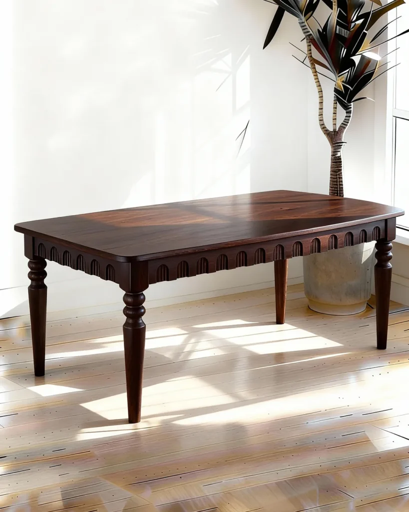Rich solid wood table with timeless artisanal detailing