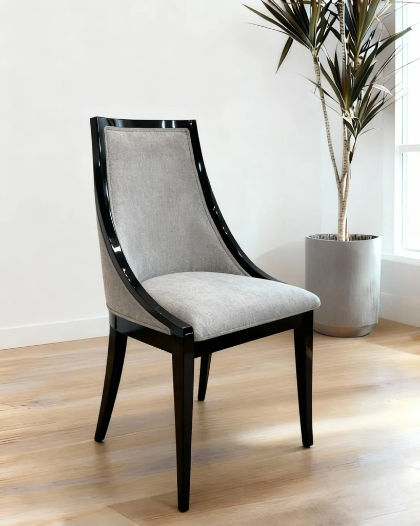Contemporary upholstered dining chair with black frame