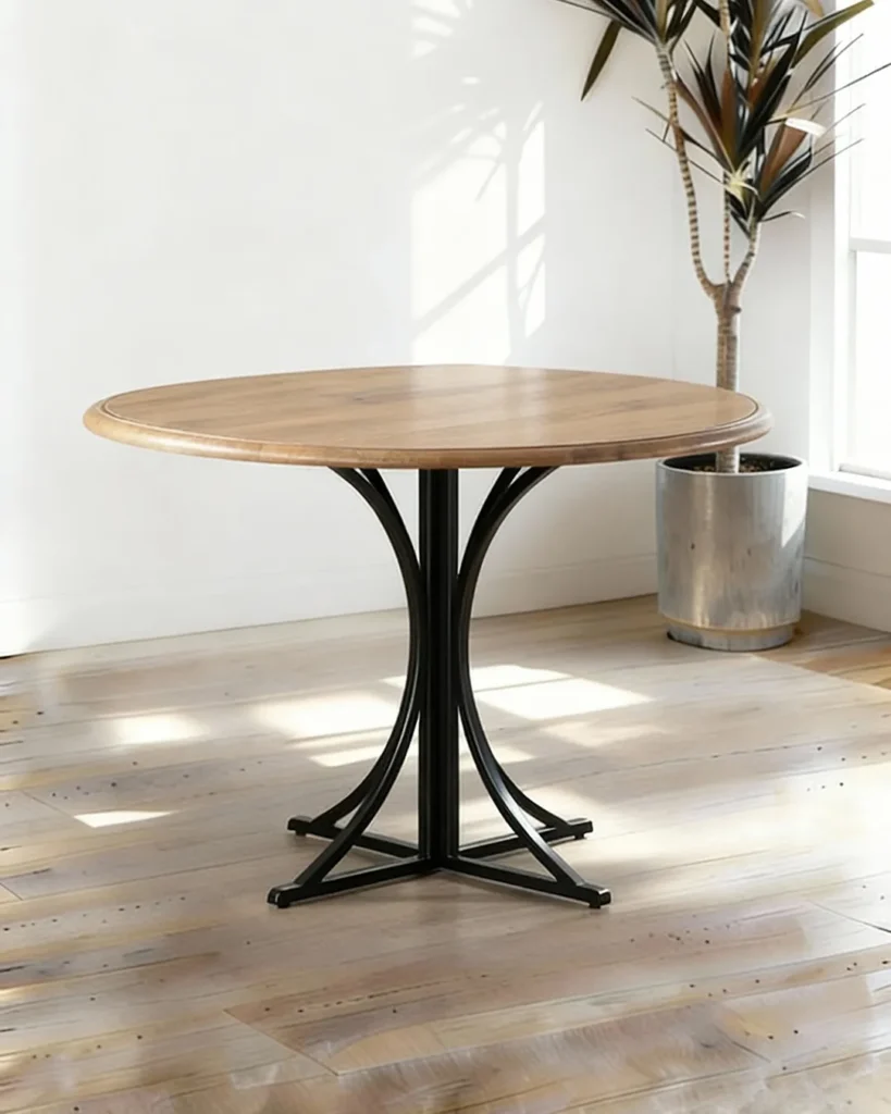 Solid wood round table with sculptural metal base