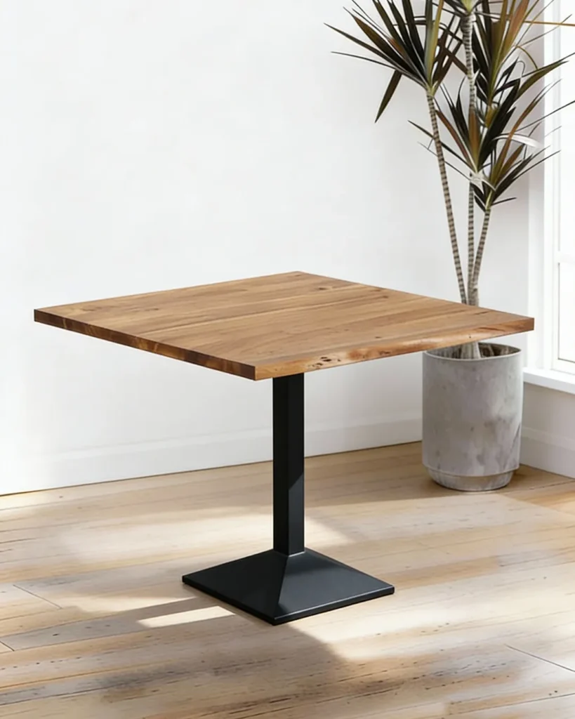 Solid wood table with minimalist pedestal elegance