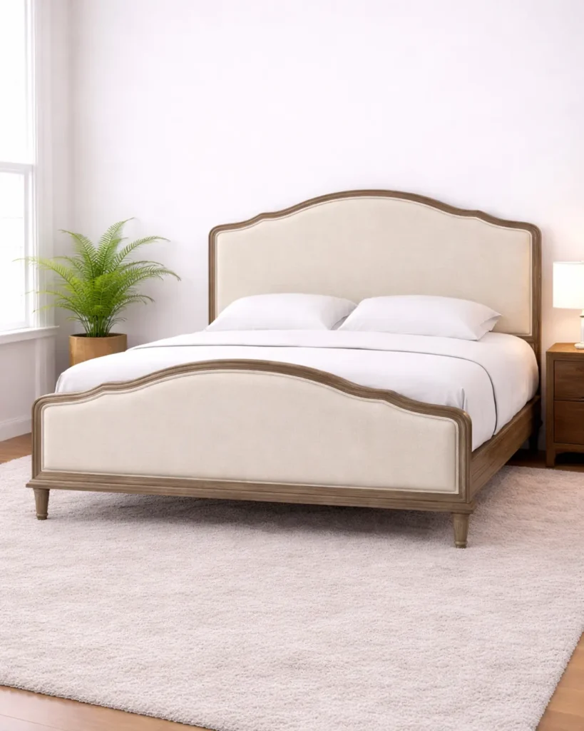 Elegant scalloped upholstery framed in natural wood