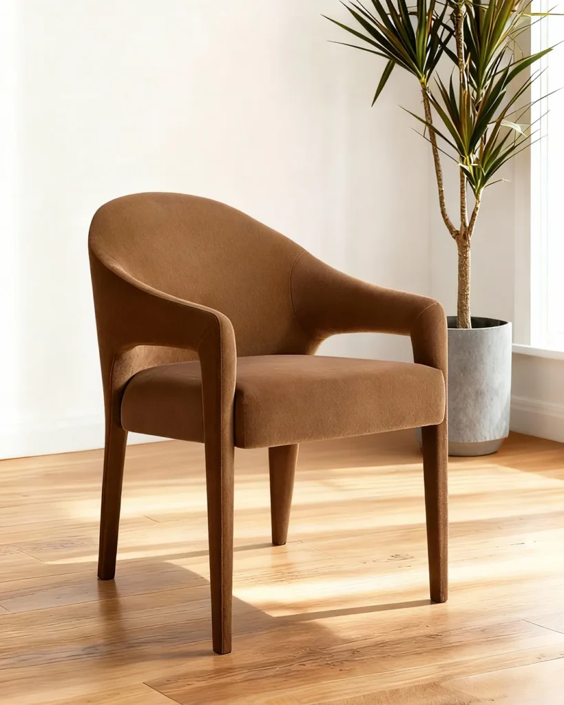 Warm upholstered armchair with smooth sculpted curves