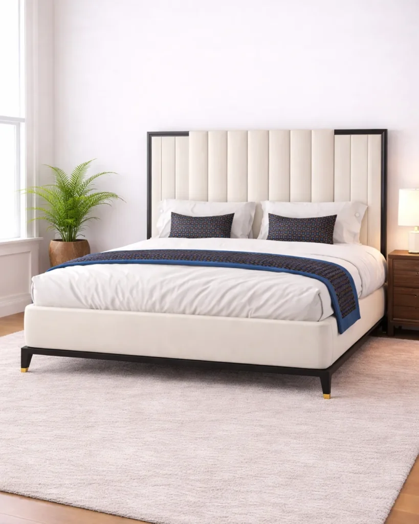 Channeled cream upholstery framed in bold ebony