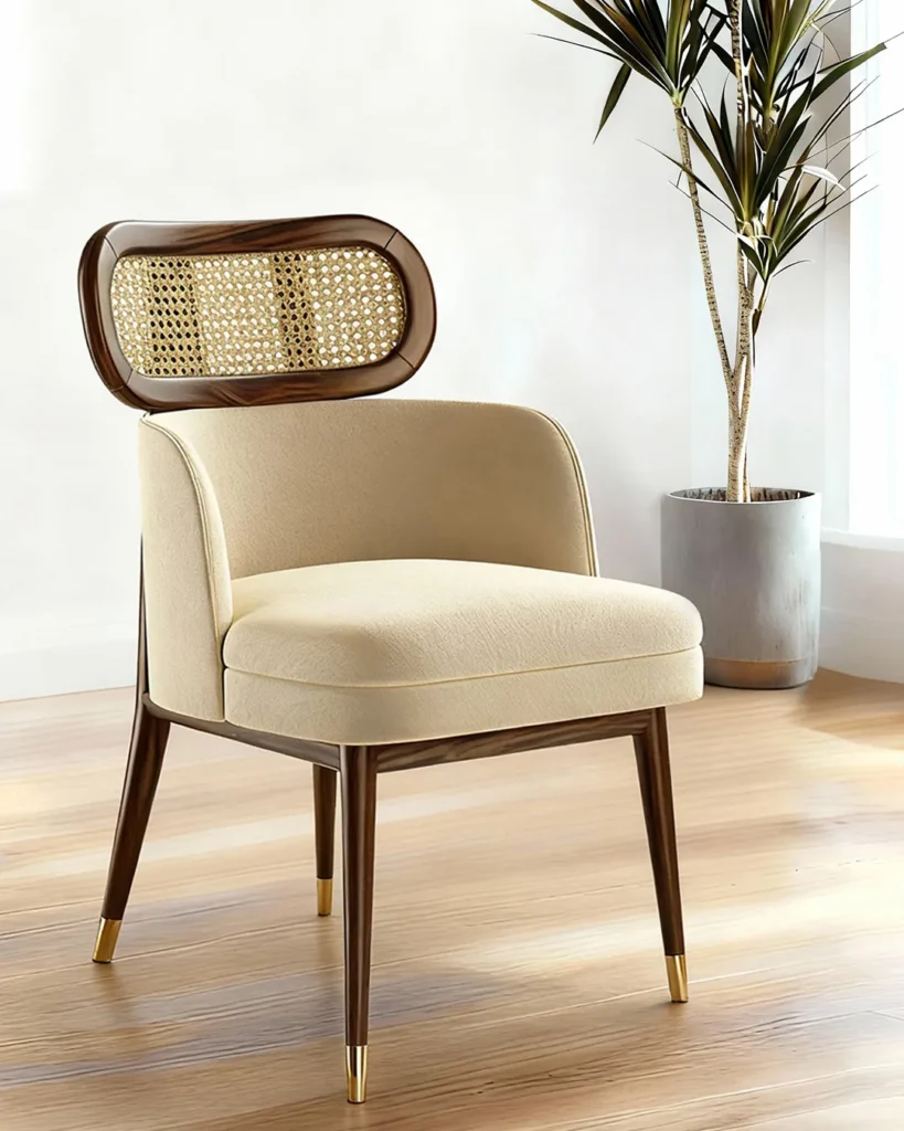 Elegant upholstered chair with cane backrest accents