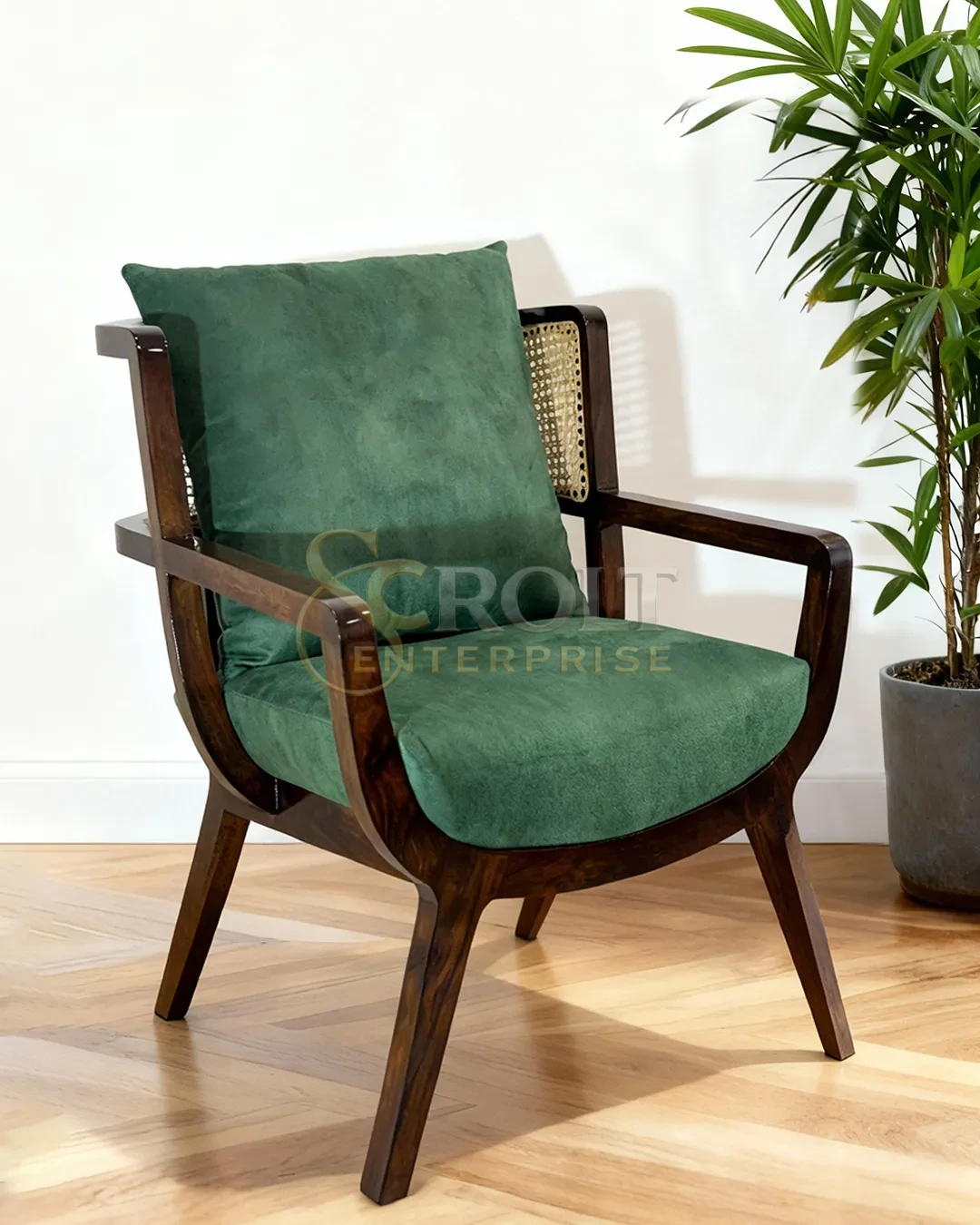 solid-wood-lounge-chair-green-upholstery-cane-backrest