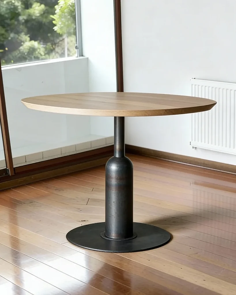 Minimalist solid wood table with sculpted metal base
