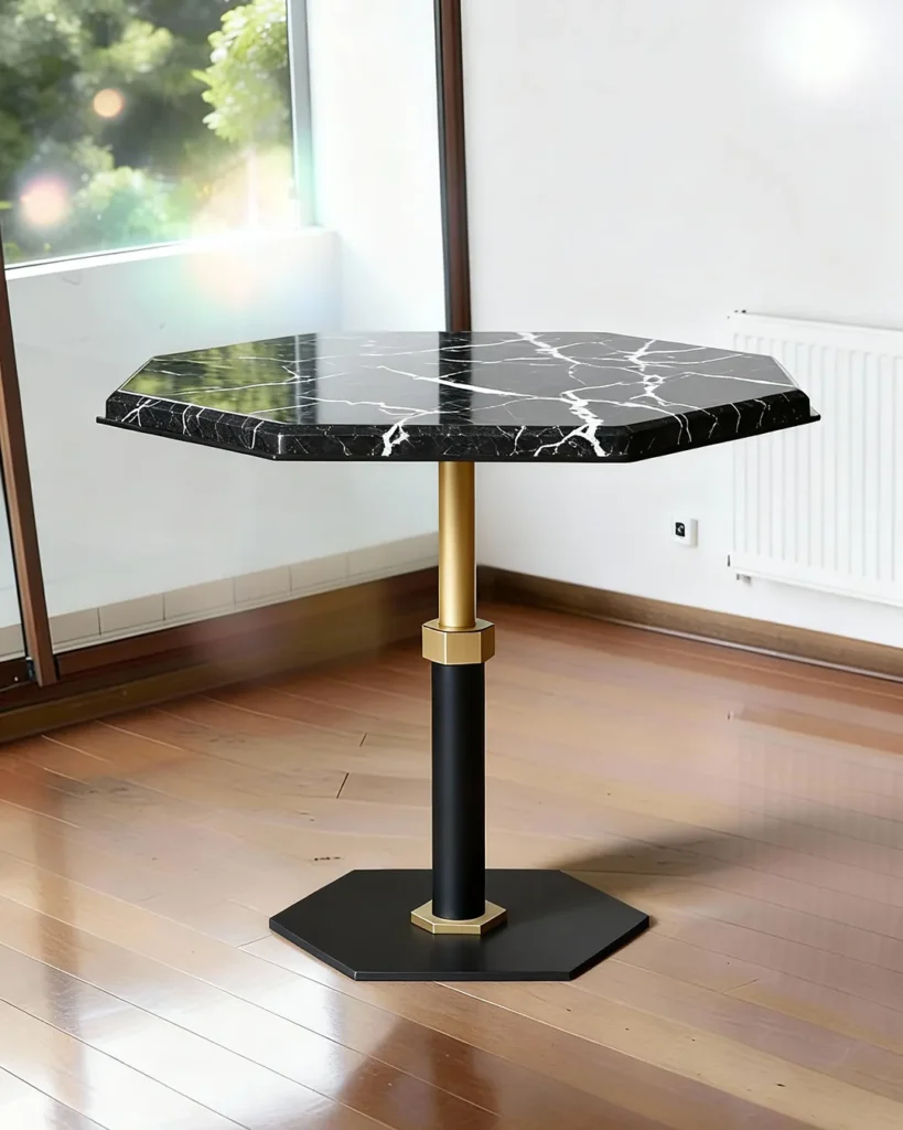Black marble table with brass-accented pedestal elegance