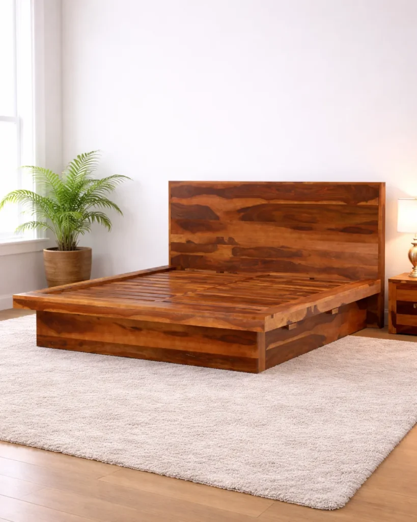 Low-profile solid wood platform bed for luxury
