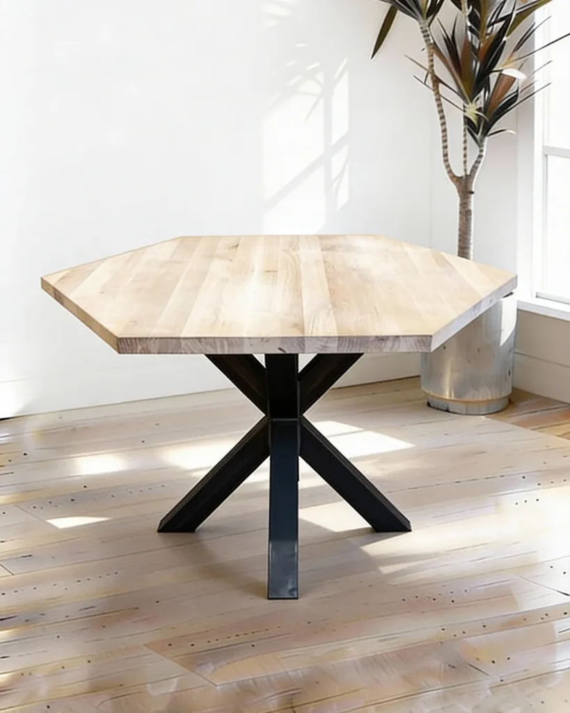 Solid wood geometric table with bold metal base