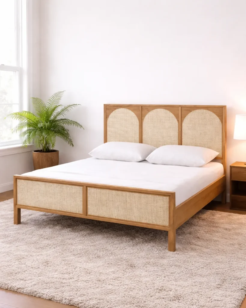 Solid wood and cane bed with refined elegance