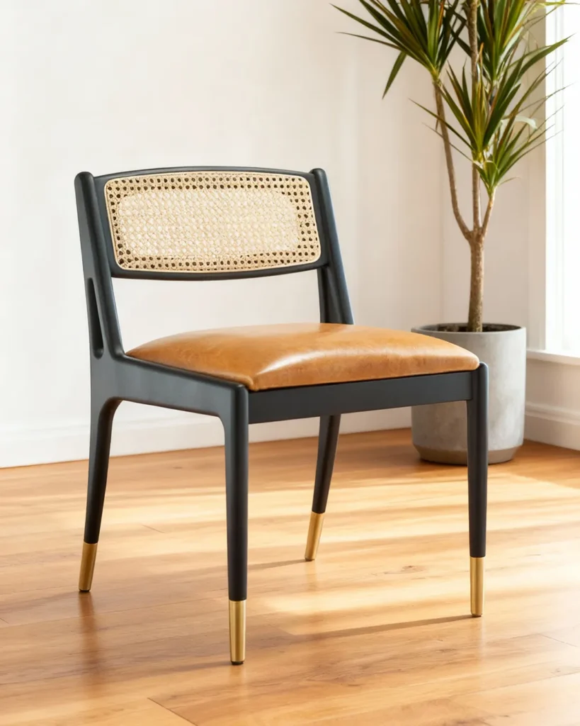 Modern cane-back chair with brass accents