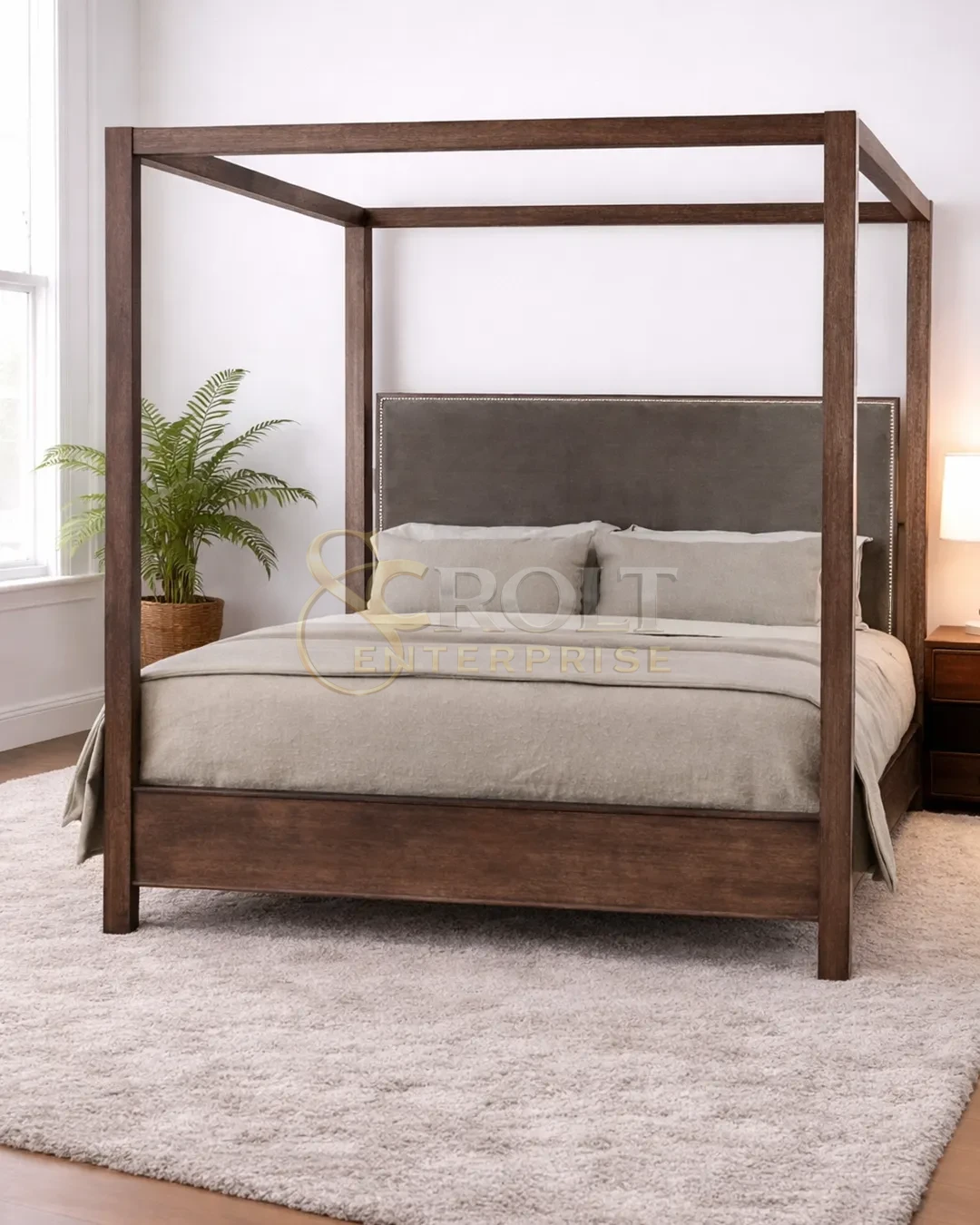 solid-wood-canopy-bed-with-velvet-headboard