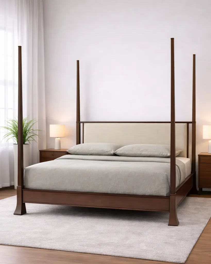Refined wooden four-poster with modern softness