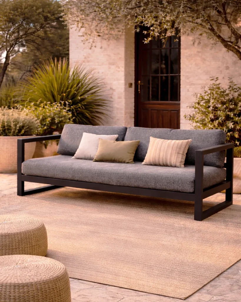 Architectural outdoor sofa with refined hospitality comfort